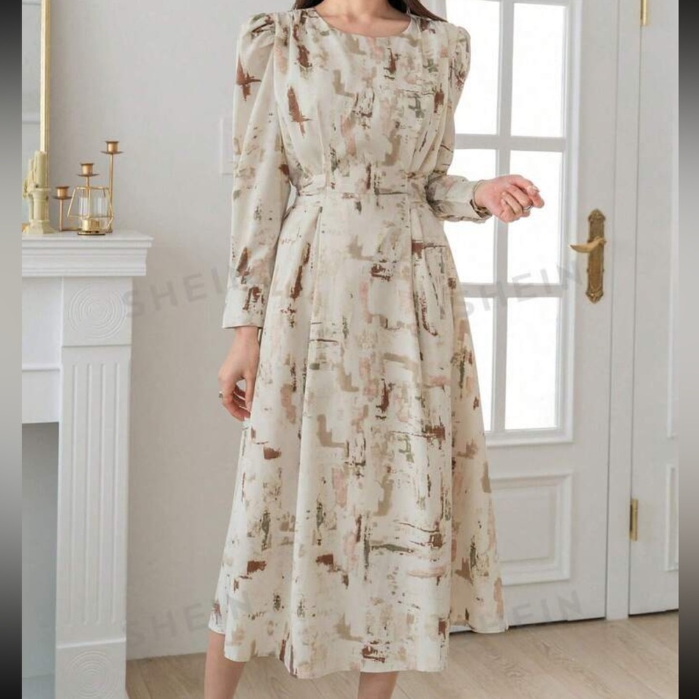 Dazy Allover Print Puff Sleeve A line Midi Dress